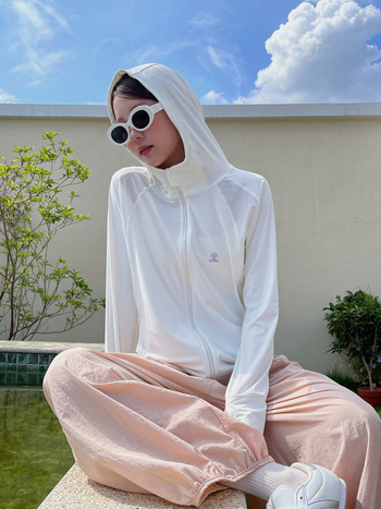 Tricou cu protecție solară și glugă - UPF50+, ușor și respirabil, model color block, fermoar frontal, poliester-spandex