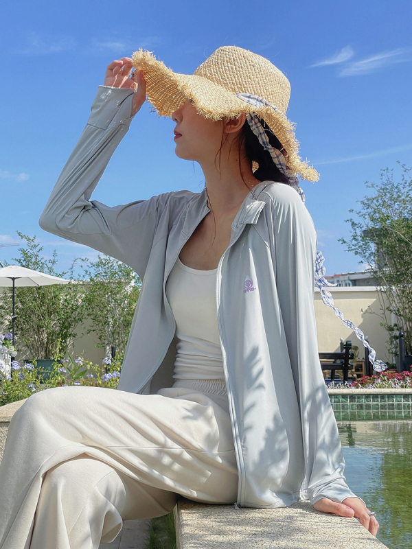 Tricou cu protecție solară și glugă - UPF50+, ușor și respirabil, model color block, fermoar frontal, poliester-spandex