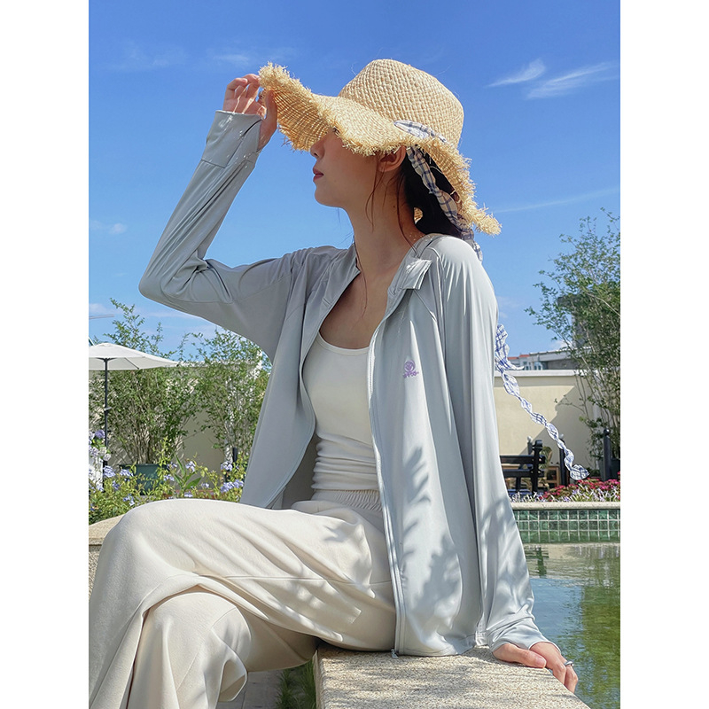 Tricou cu protecție solară și glugă - UPF50+, ușor și respirabil, model color block, fermoar frontal, poliester-spandex