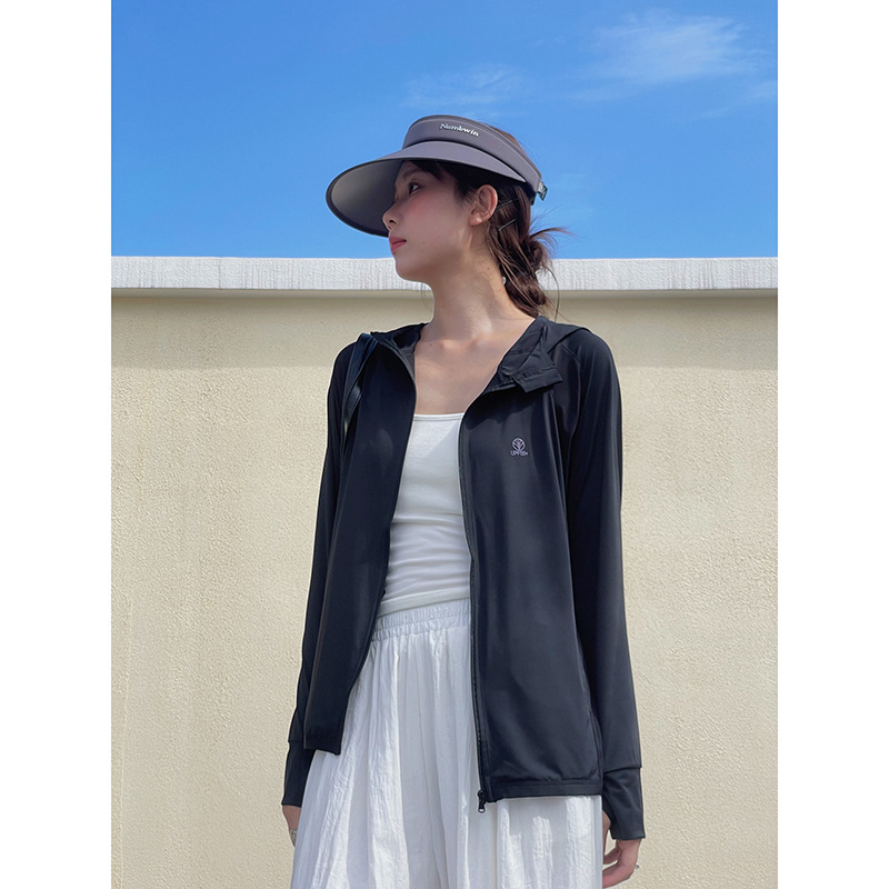 Tricou cu protecție solară și glugă - UPF50+, ușor și respirabil, model color block, fermoar frontal, poliester-spandex