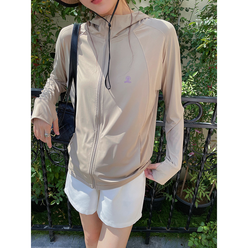 Tricou cu protecție solară și glugă - UPF50+, ușor și respirabil, model color block, fermoar frontal, poliester-spandex