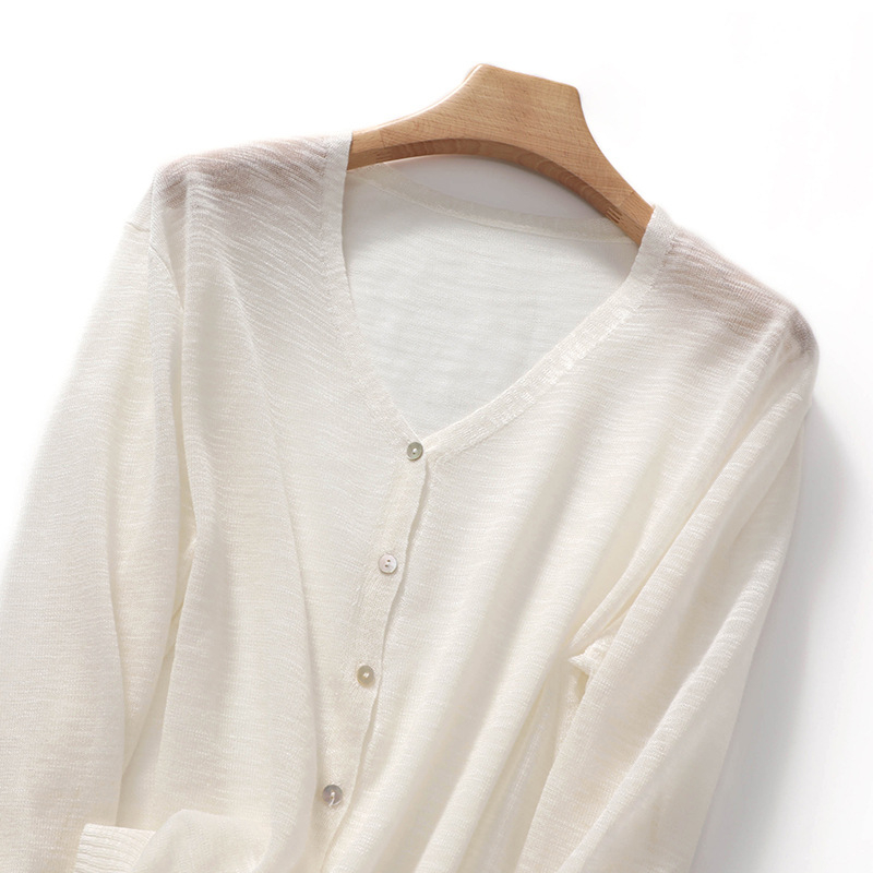 Cardigan de vară din amestec ramie-cânepă, protecție solară, decolteu în V, croială lejeră, mâneci lungi, top tricotat ușor