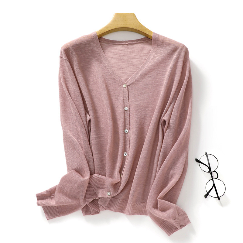 Cardigan de vară din amestec ramie-cânepă, protecție solară, decolteu în V, croială lejeră, mâneci lungi, top tricotat ușor