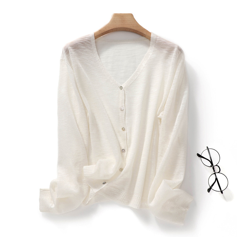 Cardigan de vară din amestec ramie-cânepă, protecție solară, decolteu în V, croială lejeră, mâneci lungi, top tricotat ușor