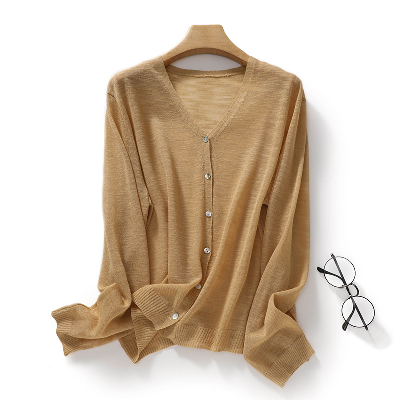 Cardigan de vară din amestec ramie-cânepă, protecție solară, decolteu în V, croială lejeră, mâneci lungi, top tricotat ușor