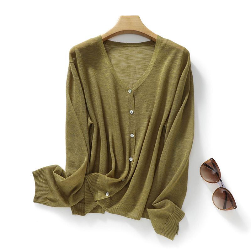 Cardigan de vară din amestec ramie-cânepă, protecție solară, decolteu în V, croială lejeră, mâneci lungi, top tricotat ușor
