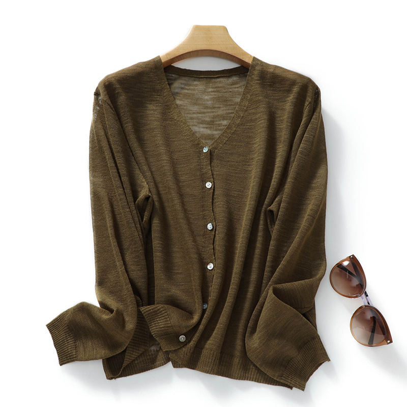 Cardigan de vară din amestec ramie-cânepă, protecție solară, decolteu în V, croială lejeră, mâneci lungi, top tricotat ușor