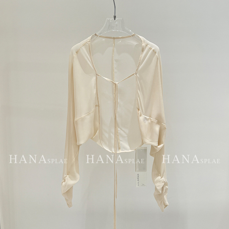 Cardigan șal ușor din plasă, lungime scurtă, mâneci lungi, UPF30+, toamna 2025