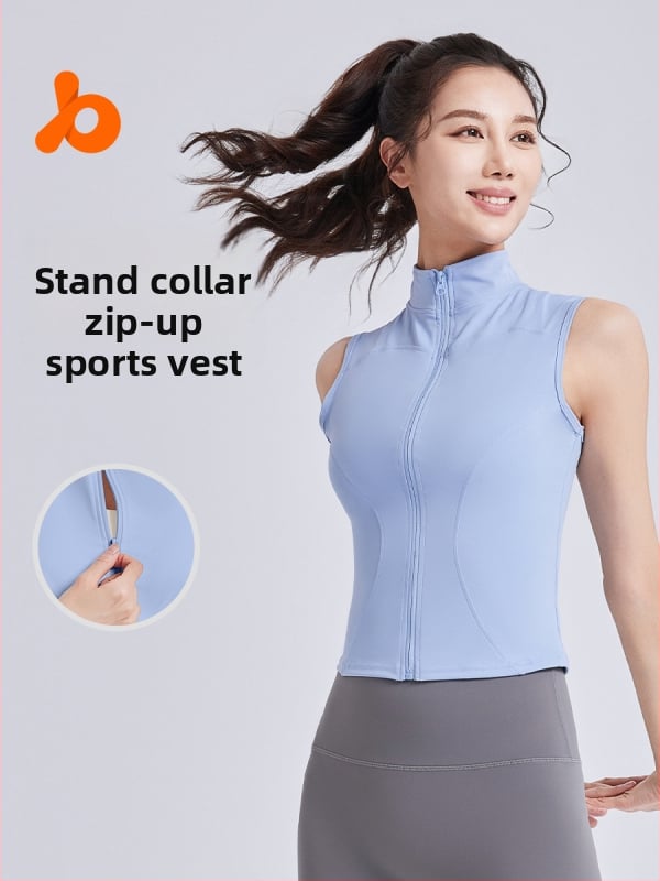 Sievietēm bez piedurknēm sporta jaka ar augstu apkakli, elpojoša, slaids siluets, poliestera-spandeksa maisījums
