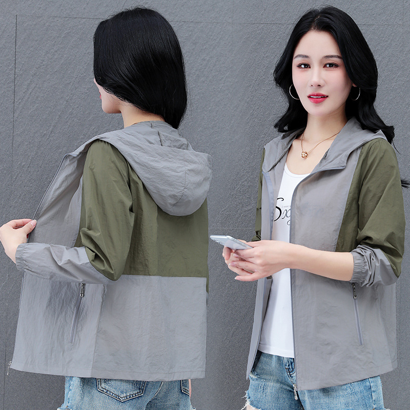 Jachetă cu glugă din nylon, ușoară, mâneci lungi, lungime standard, fermoar, stil casual japonez-coreean