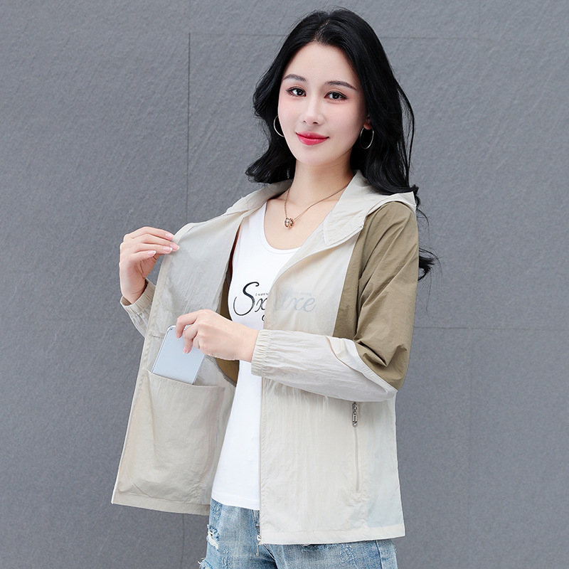 Jachetă cu glugă din nylon, ușoară, mâneci lungi, lungime standard, fermoar, stil casual japonez-coreean