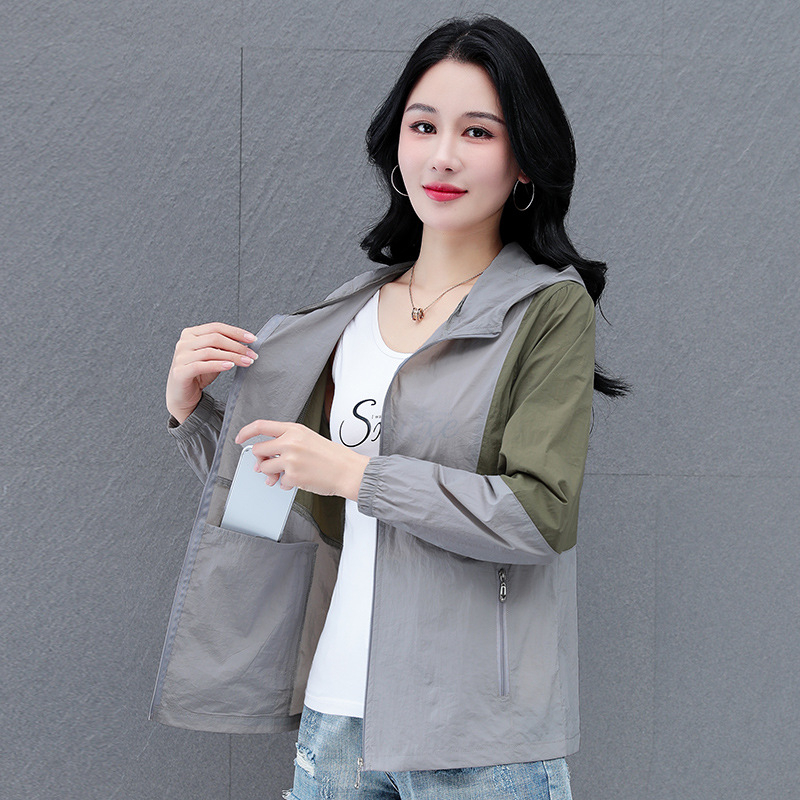 Jachetă cu glugă din nylon, ușoară, mâneci lungi, lungime standard, fermoar, stil casual japonez-coreean