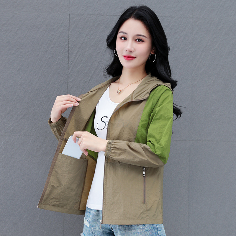 Jachetă cu glugă din nylon, ușoară, mâneci lungi, lungime standard, fermoar, stil casual japonez-coreean