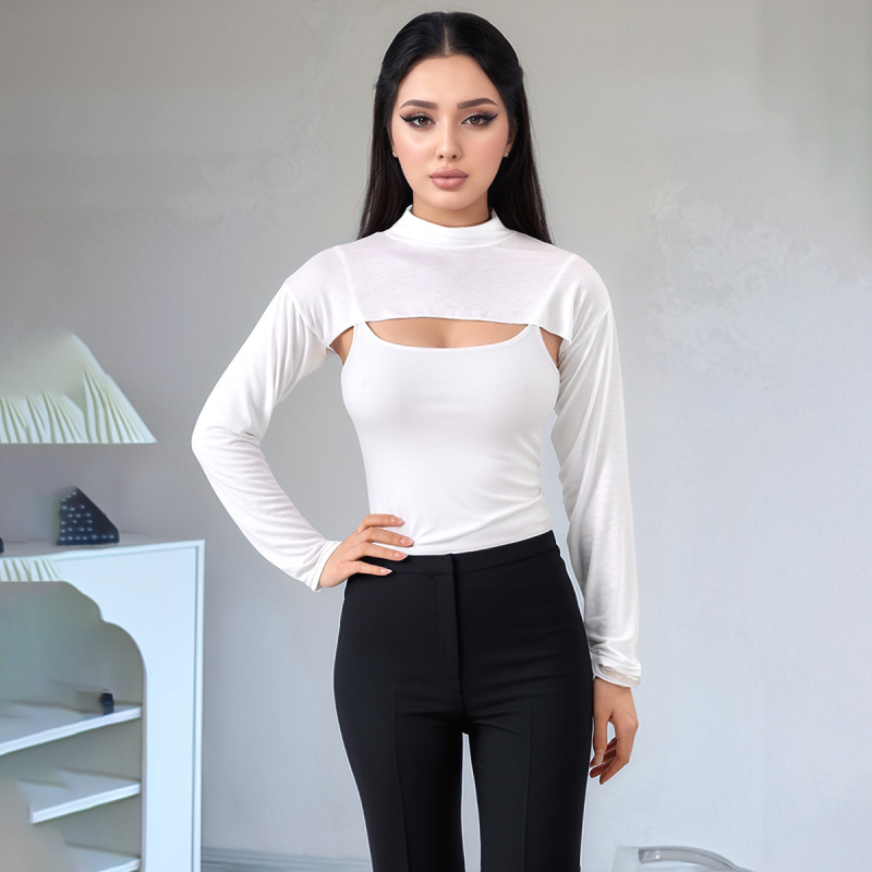 Top din bumbac mercerizat, cu detaliu eșarfă pe umăr | respirabil, menține căldura, protecție împotriva umbrelor | conținut de bumbac 21-30% | siluetă medie-lungă | stil dulce