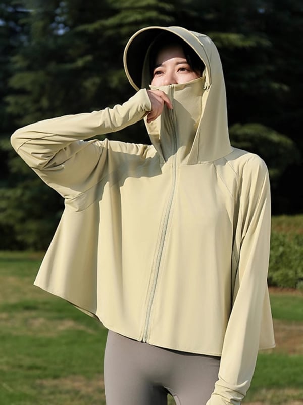 Qi Qin Dámska UV ochranná bunda s kapucňou a odnímateľným okrajom, UPF50+, Polyester 95% + Spandex 30–50%, krátky strih, jar 2025