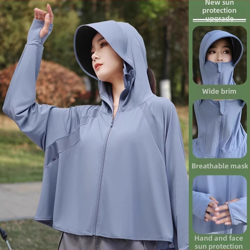 Qi Qin Dámska UV ochranná bunda s kapucňou a odnímateľným okrajom, UPF50+, Polyester 95% + Spandex 30–50%, krátky strih, jar 2025