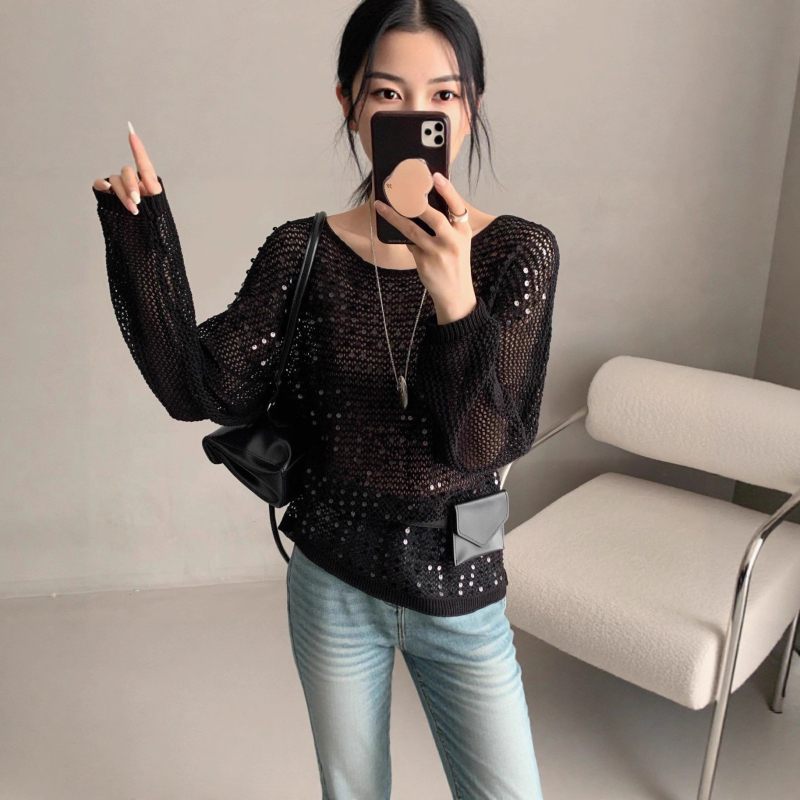 Ženski pleteni top s prorezima, Ice Hemp i Spandex, okrugli izrez, dugi rukavi, šivano s lace-up uzacem, UPF40+