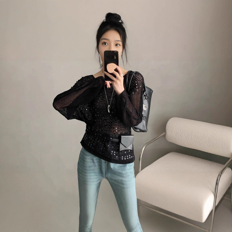 Ženski pleteni top s prorezima, Ice Hemp i Spandex, okrugli izrez, dugi rukavi, šivano s lace-up uzacem, UPF40+