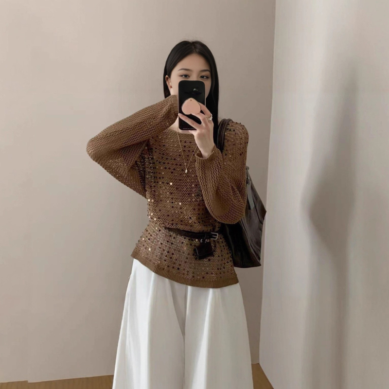 Ženski pleteni top s prorezima, Ice Hemp i Spandex, okrugli izrez, dugi rukavi, šivano s lace-up uzacem, UPF40+