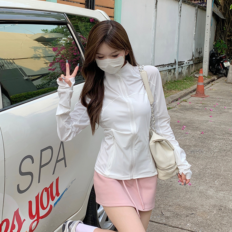 Dámska UV ochranná bunda z nylon-spandex zmesi, štíhly strih, stojací golier, dlhé rukávy, zips