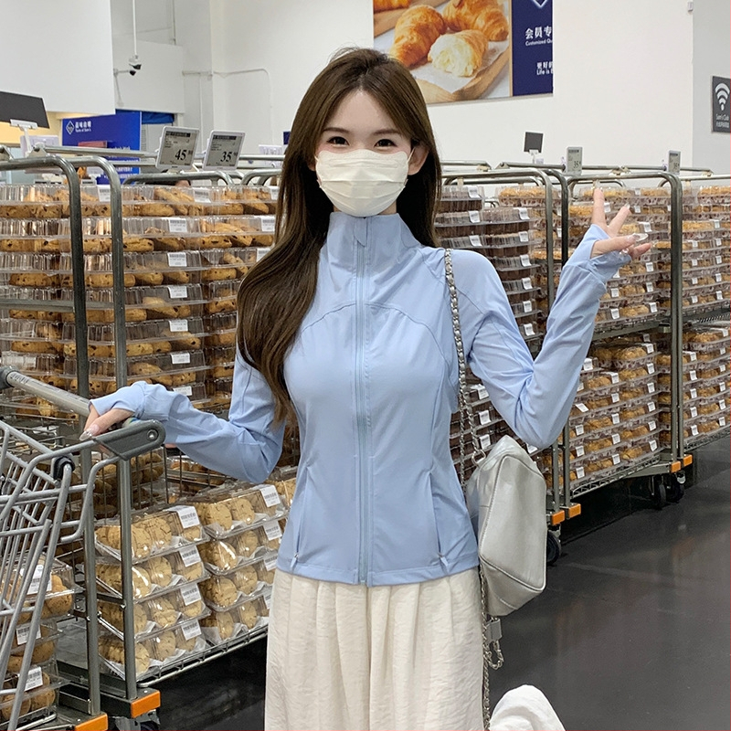 Dámska UV ochranná bunda z nylon-spandex zmesi, štíhly strih, stojací golier, dlhé rukávy, zips