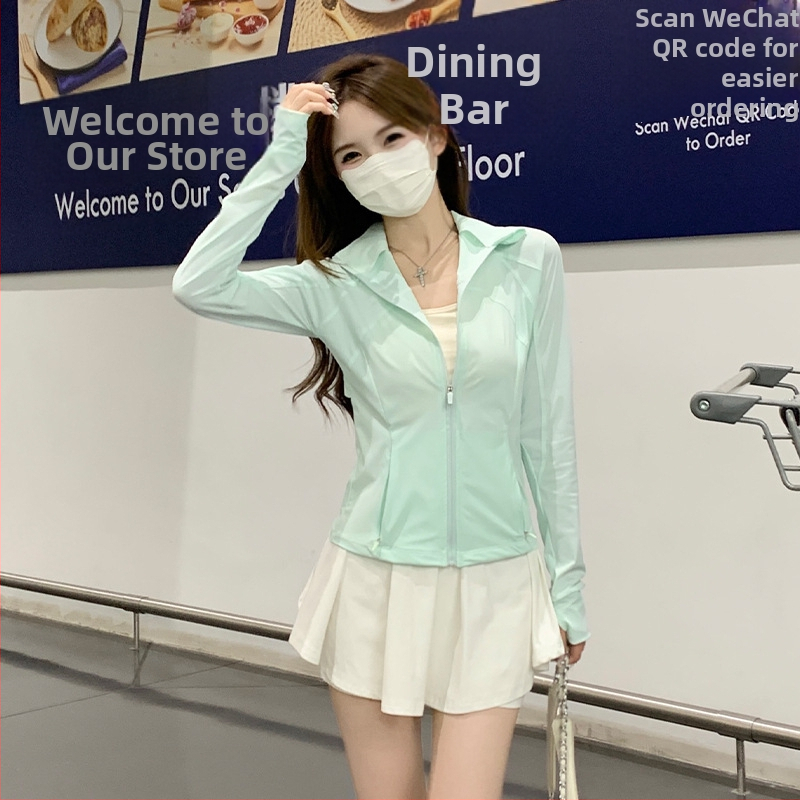 Dámska UV ochranná bunda z nylon-spandex zmesi, štíhly strih, stojací golier, dlhé rukávy, zips