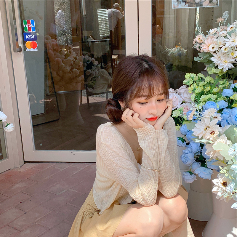 Дамски тънък V-образен плетен кардиган, къс модел с дълги ръкави, UPF30+, вискоза-полиестер смес (V-образно деколте; къс модел; дълги ръкави; UPF30+; вискоза-полиестер смес)