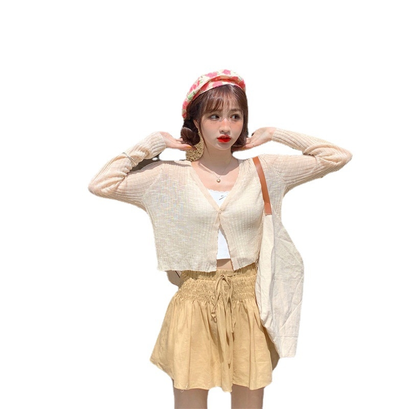 Дамски тънък V-образен плетен кардиган, къс модел с дълги ръкави, UPF30+, вискоза-полиестер смес (V-образно деколте; къс модел; дълги ръкави; UPF30+; вискоза-полиестер смес)