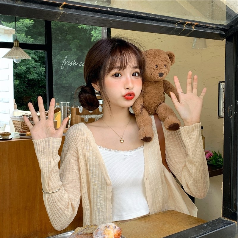 Дамски тънък V-образен плетен кардиган, къс модел с дълги ръкави, UPF30+, вискоза-полиестер смес (V-образно деколте; къс модел; дълги ръкави; UPF30+; вискоза-полиестер смес)