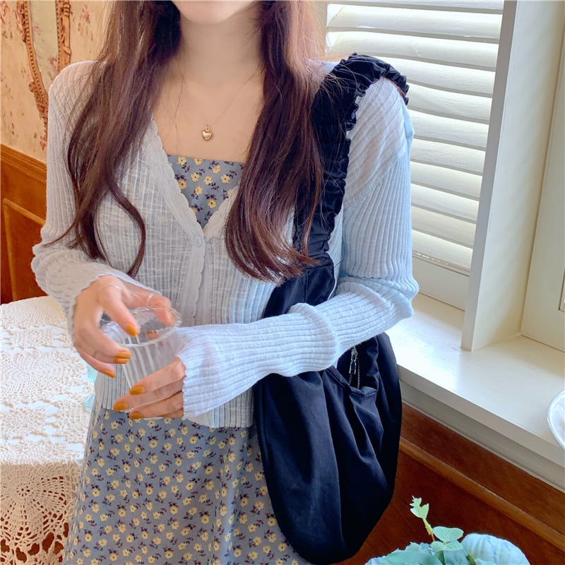 Дамски тънък V-образен плетен кардиган, къс модел с дълги ръкави, UPF30+, вискоза-полиестер смес (V-образно деколте; къс модел; дълги ръкави; UPF30+; вискоза-полиестер смес)