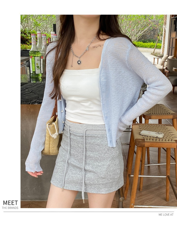 Ženski zaštitni ljetni kardigan, lagani ice silk pleteni top, dugi rukavi, kratka dužina, uski kroj, jednobodno kopčanje