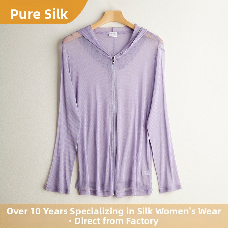 Dámska sieťovaná bunda z hodvábnej zmesi na ochranu proti slnku, dlhé rukávy, úzky strih, 23% Mulberry hodváb, 77% viskóza