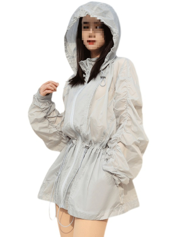 Jachetă de protecție UV pentru femei, cu glugă, ușoară și respirabilă, închidere cu fermoar, guler polo