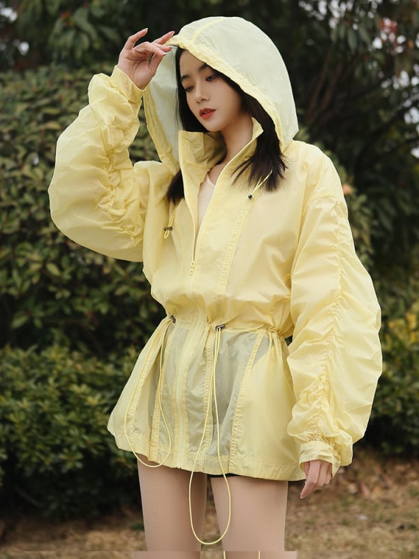 Jachetă de protecție UV pentru femei, cu glugă, ușoară și respirabilă, închidere cu fermoar, guler polo