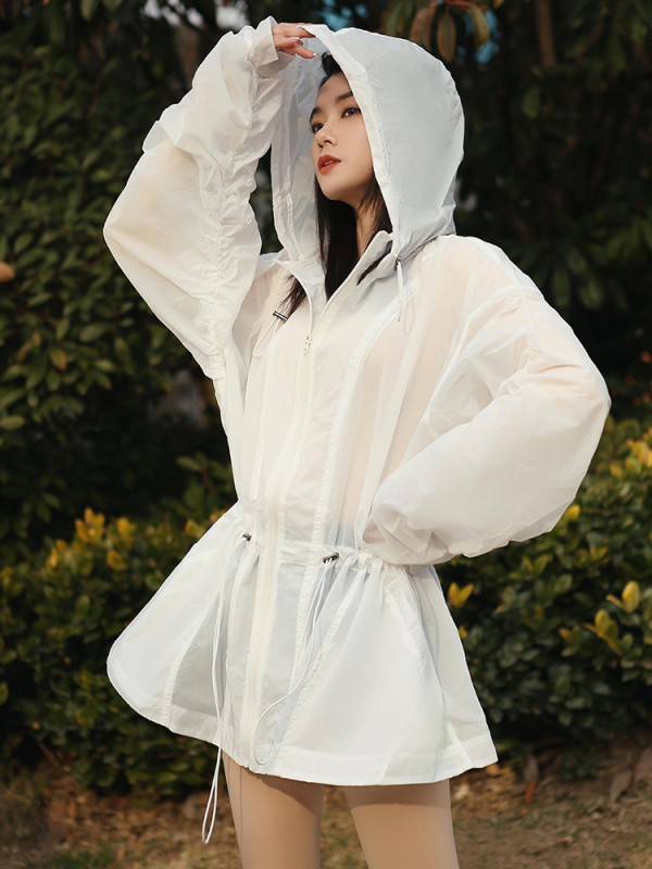 Jachetă de protecție UV pentru femei, cu glugă, ușoară și respirabilă, închidere cu fermoar, guler polo