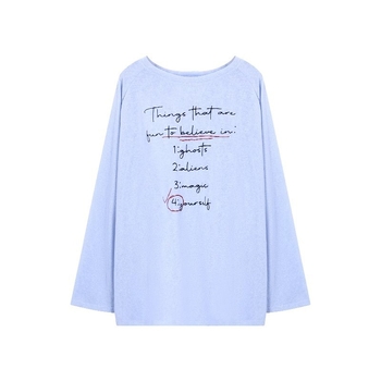 Bluza s otvorenim ramenima, dugi rukavi, print s tekstom, široki kroj, srednja duljina