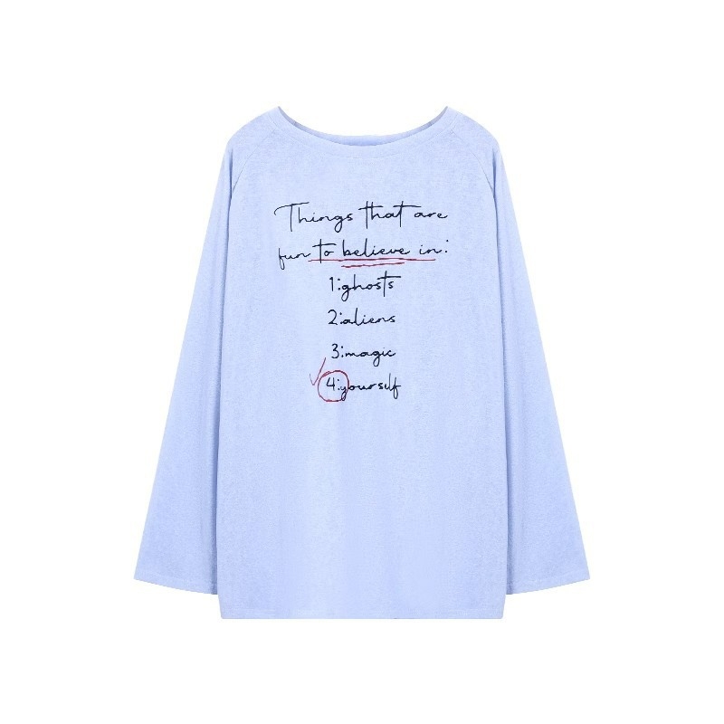 Bluza s otvorenim ramenima, dugi rukavi, print s tekstom, široki kroj, srednja duljina