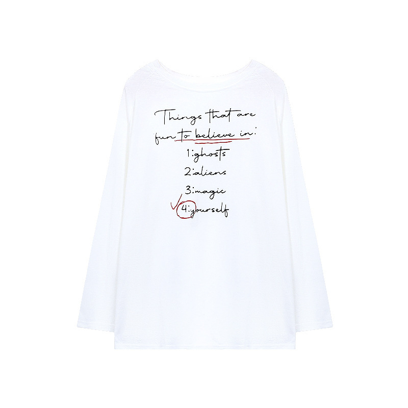 Bluza s otvorenim ramenima, dugi rukavi, print s tekstom, široki kroj, srednja duljina