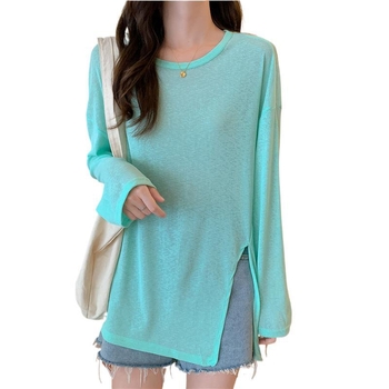 Ženska bluza za zaštitu od sunca za ljeto, prozračna Chenille-Spandex tkanina, slobodan kroj, dugi rukavi, polo ovratnik, asimetričan prorez