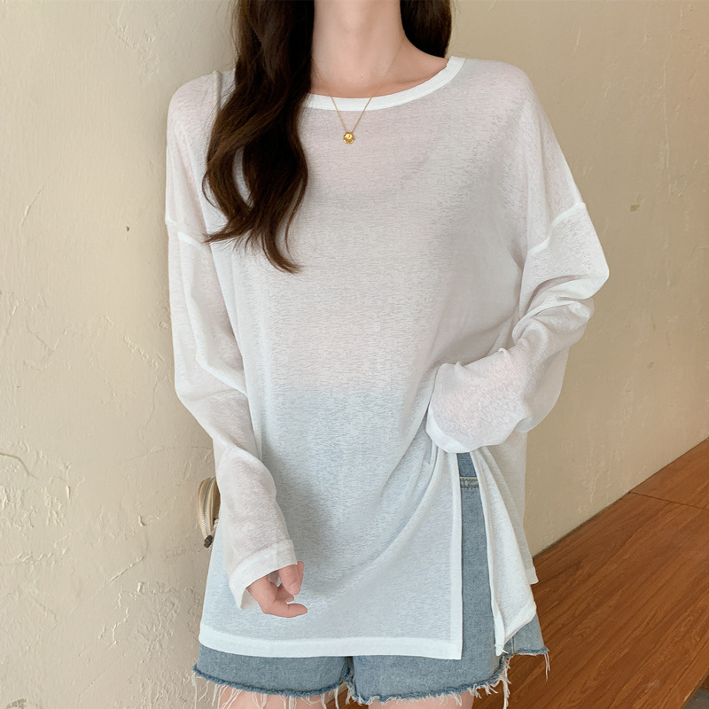 Ženska bluza za zaštitu od sunca za ljeto, prozračna Chenille-Spandex tkanina, slobodan kroj, dugi rukavi, polo ovratnik, asimetričan prorez