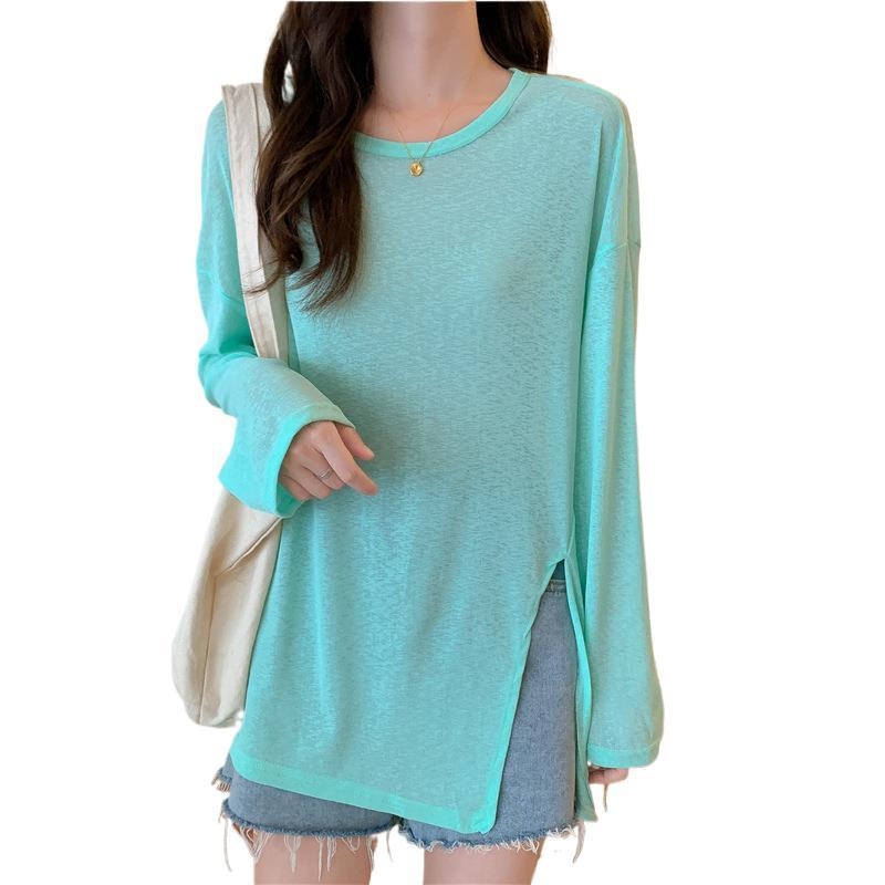 Ženska bluza za zaštitu od sunca za ljeto, prozračna Chenille-Spandex tkanina, slobodan kroj, dugi rukavi, polo ovratnik, asimetričan prorez