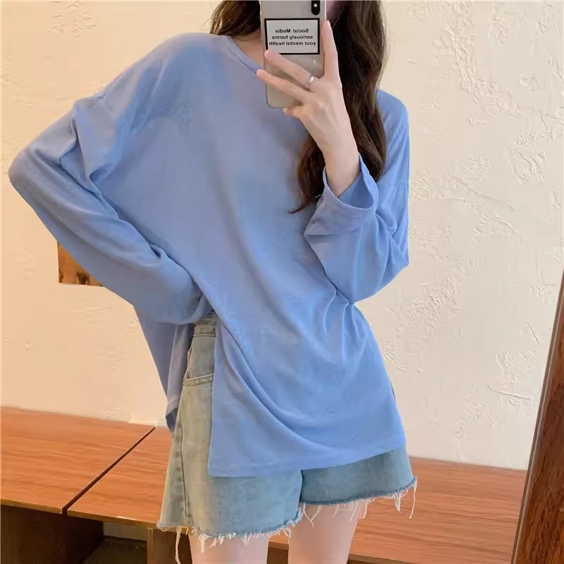 Ženska bluza za zaštitu od sunca za ljeto, prozračna Chenille-Spandex tkanina, slobodan kroj, dugi rukavi, polo ovratnik, asimetričan prorez