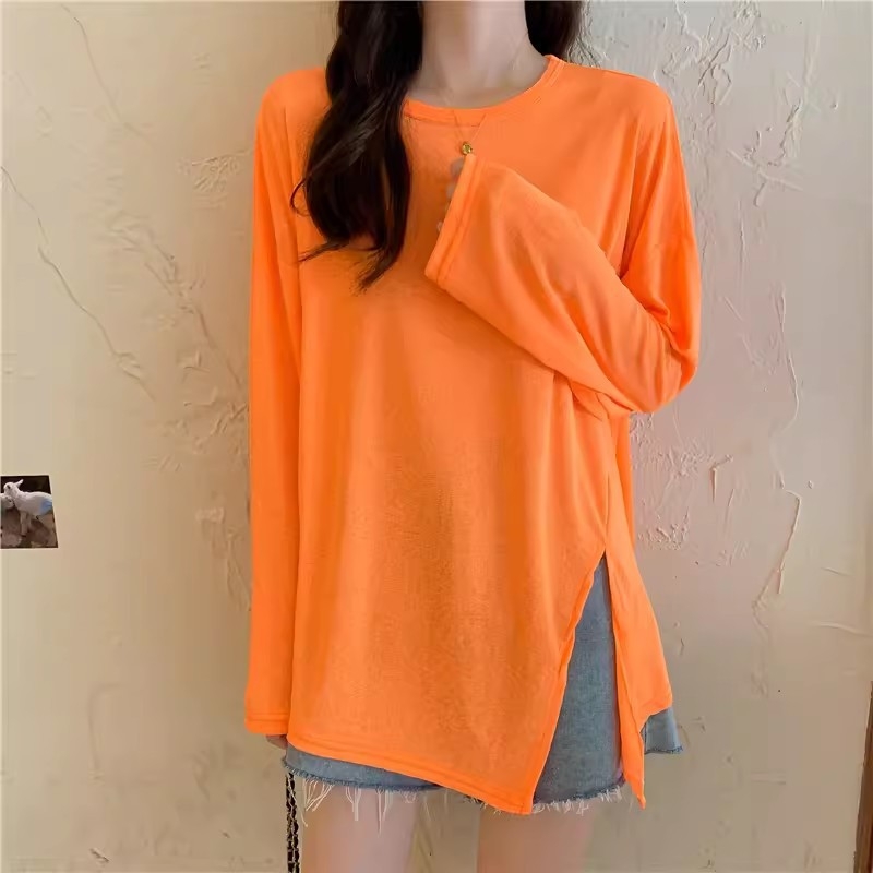 Ženska bluza za zaštitu od sunca za ljeto, prozračna Chenille-Spandex tkanina, slobodan kroj, dugi rukavi, polo ovratnik, asimetričan prorez