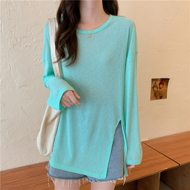 Ženska bluza za zaštitu od sunca za ljeto, prozračna Chenille-Spandex tkanina, slobodan kroj, dugi rukavi, polo ovratnik, asimetričan prorez