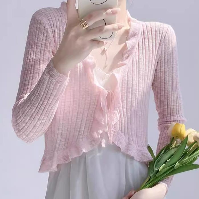 Ženski tanki pleteni kardigan s naramenicama, šalom-ovratnik i vezanje u struku, UV zaštita, ice-silk materijal