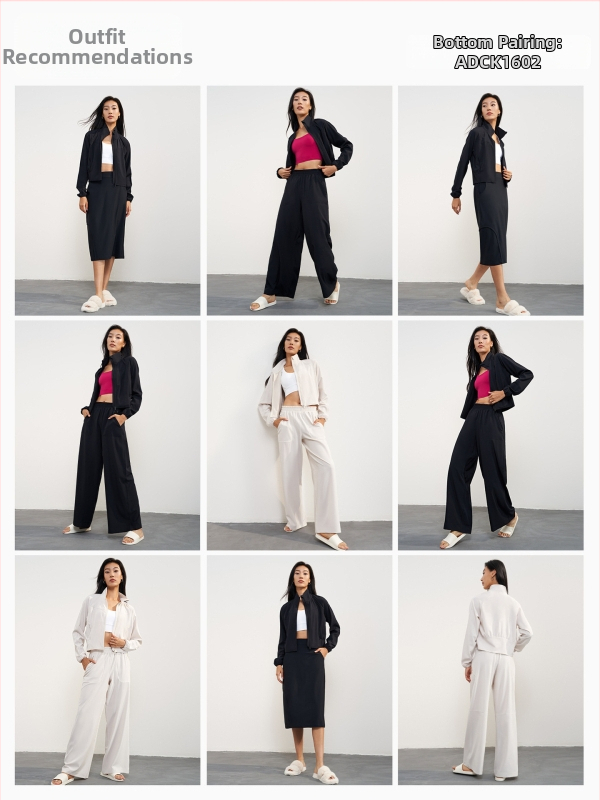 UV aizsardzības jogas jaka, šūta auduma; sastāvs 91% poliesters, 9% elastāns; garas piedurknes; brīvs griezums; stāvošs apkakle un priekšējais rāvējslēdzējs; garums līdz gurniem.