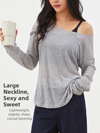 Bluza tricotată cu umeri goi – moale din amestec poliester, 85% poliester 15% viscoză, mâneci lungi, croială lejeră, lungime standardă