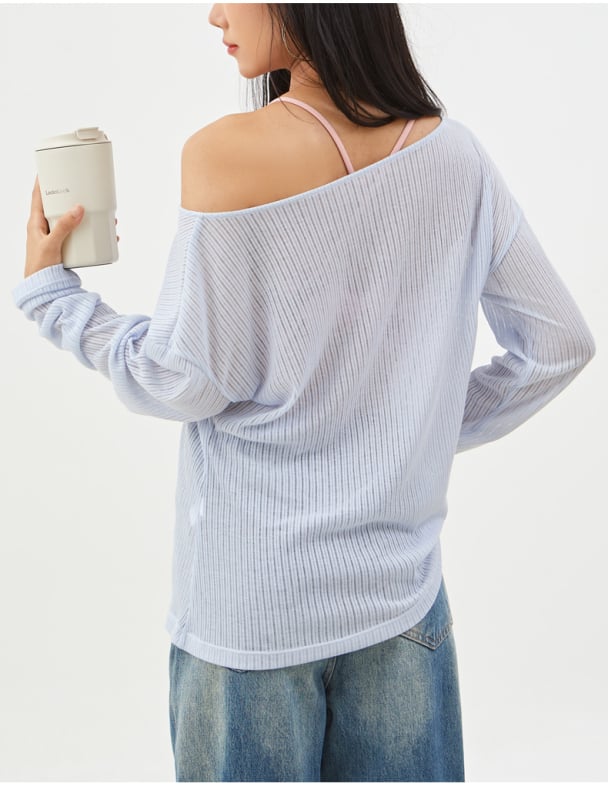 Bluza tricotată cu umeri goi – moale din amestec poliester, 85% poliester 15% viscoză, mâneci lungi, croială lejeră, lungime standardă