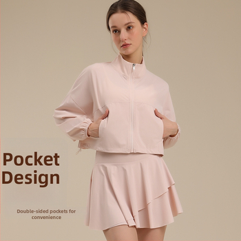 Σετ γιόγκα: ζακέτα-φούστα, διαπνοή νάιλον, UV-ανθεκτικό, γρήγορο στέγνωμα, υψηλός λαιμός, τσέπες, μακριά μανίκια, μήκος μανικιού 55–60 cm, μήκος φούστας 34–37 cm