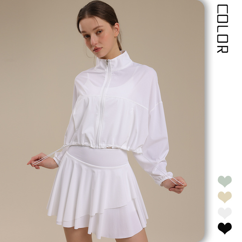 Σετ γιόγκα: ζακέτα-φούστα, διαπνοή νάιλον, UV-ανθεκτικό, γρήγορο στέγνωμα, υψηλός λαιμός, τσέπες, μακριά μανίκια, μήκος μανικιού 55–60 cm, μήκος φούστας 34–37 cm